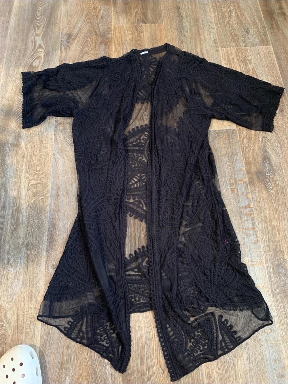#116 Black Lace Open-Front Crochet Kimono Cape